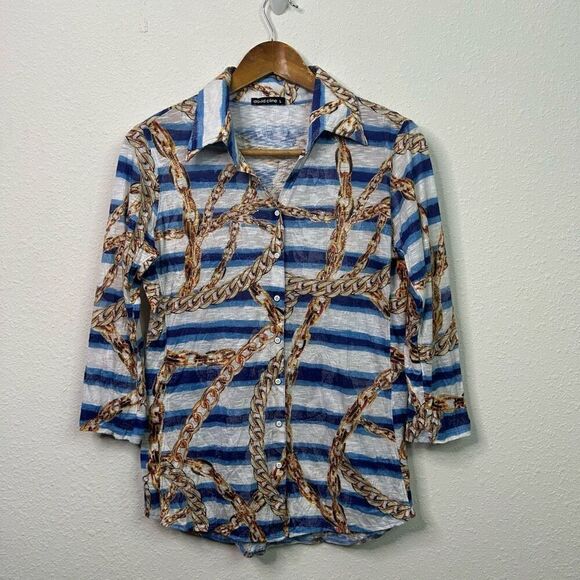 David Cline 3/4 Sleeve Button Up Ocean Blue Chain Rope Crystal Shirt Large - Picture 1 of 14